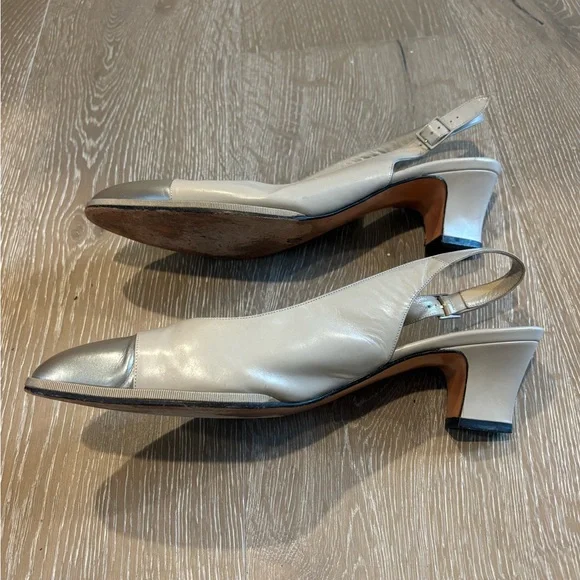 Salvatore Ferragamo Taupe Leather Slingback Mules with Silver Cap Toe - Picture 3 of 7